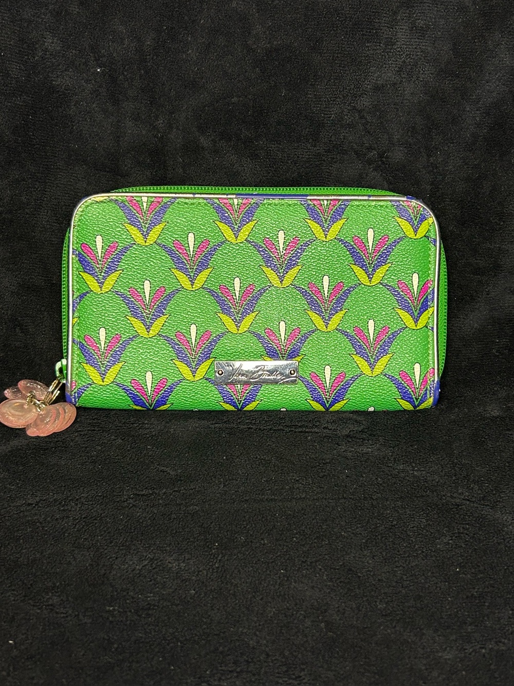 Vera Bradley Green Floral Print Zip Wallet with Pink & Purple Accents